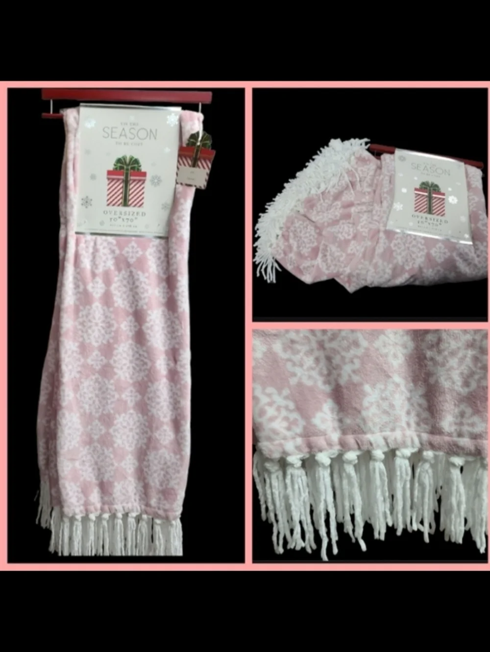 Soft & Cozy Oversized Pink White Fleece Snowflake Tassel Throw Blanket Decor New